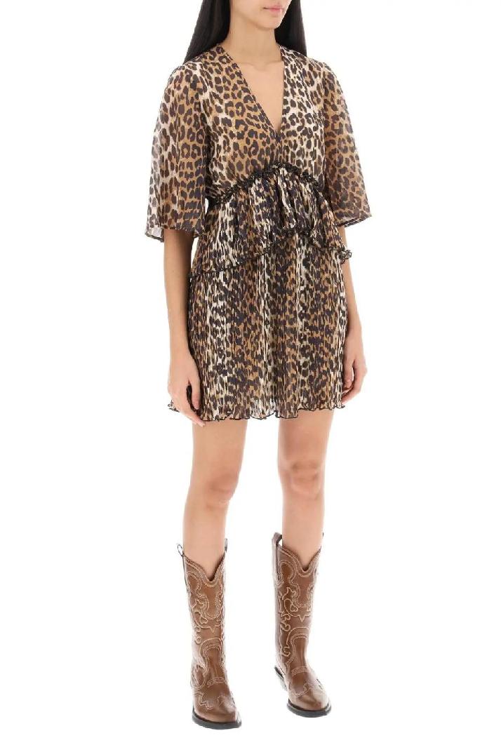 GANNI가니 여성 원피스 pleated mini dress with leopard motif