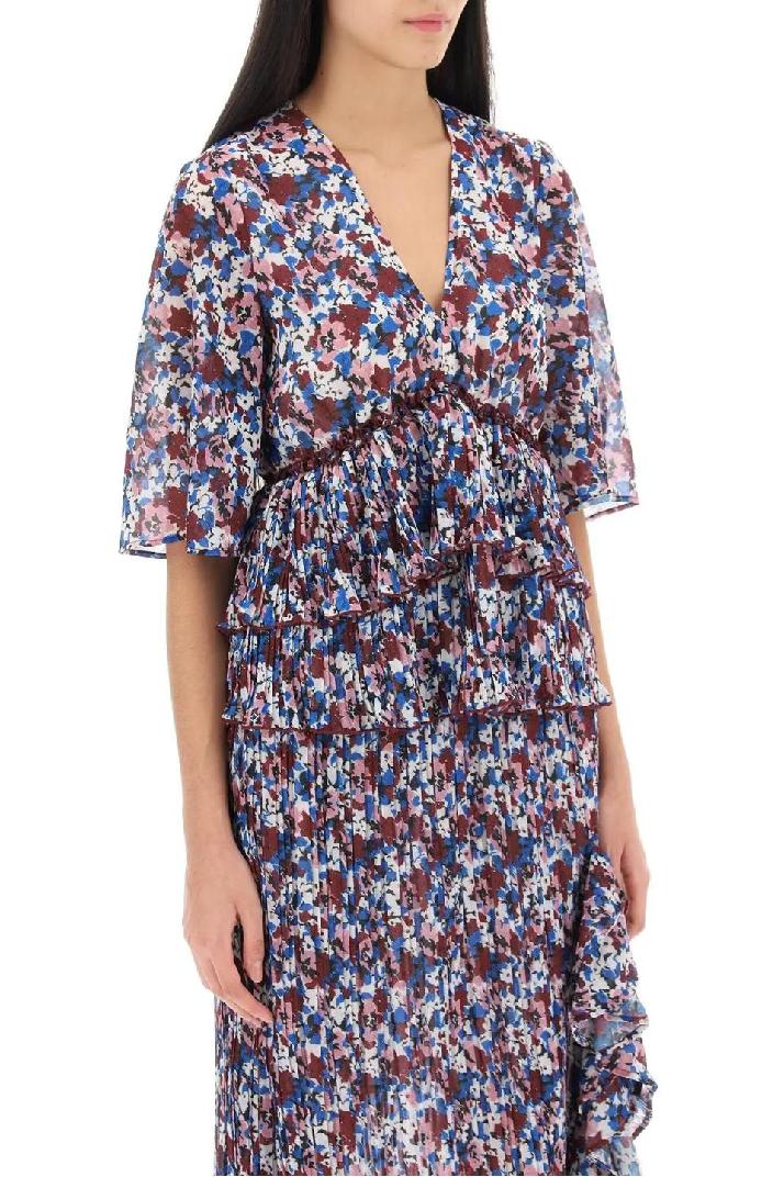 GANNI가니 여성 셔츠 블라우스 pleated blouse with floral motif