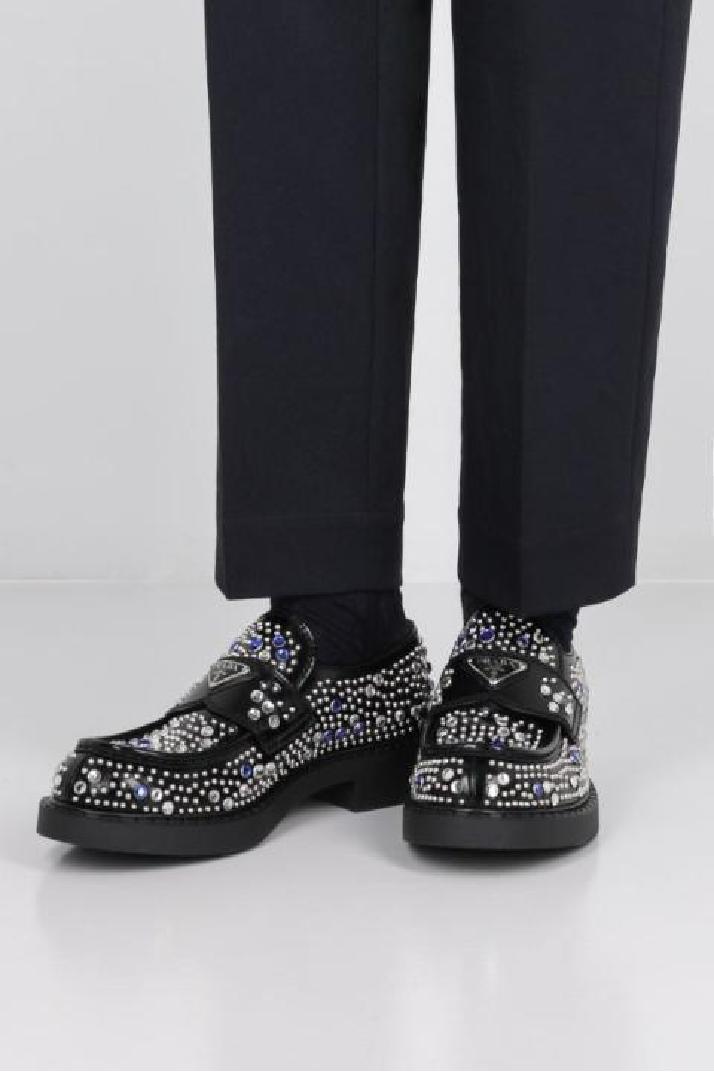 PRADA프라다 남성 로퍼 stud and crystal-embellished brushed leather loafers